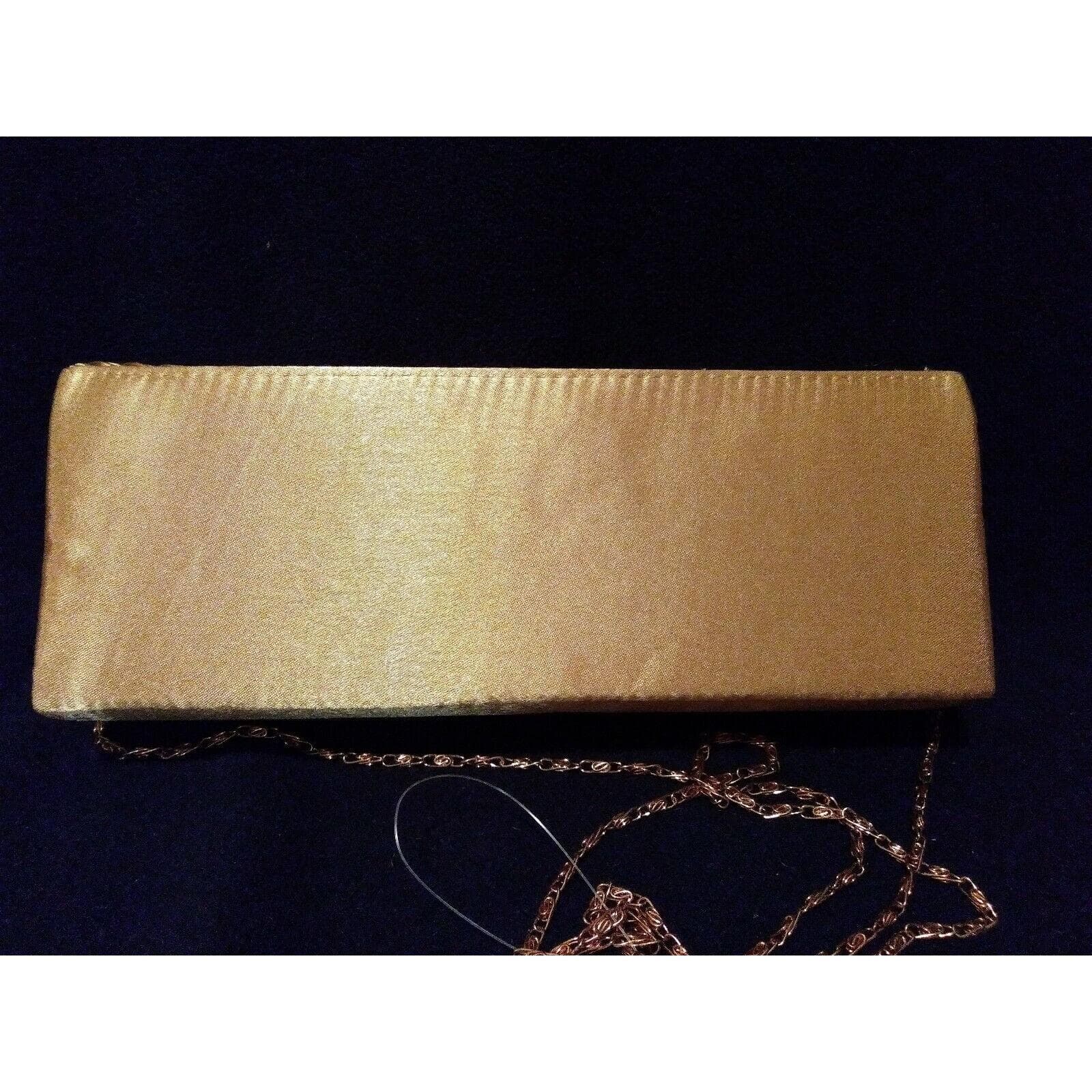Elegant Rhinestone Accent Satin Pleated Clutch Purse Gold 10"x4" Silver Chain - Thumbnail 3