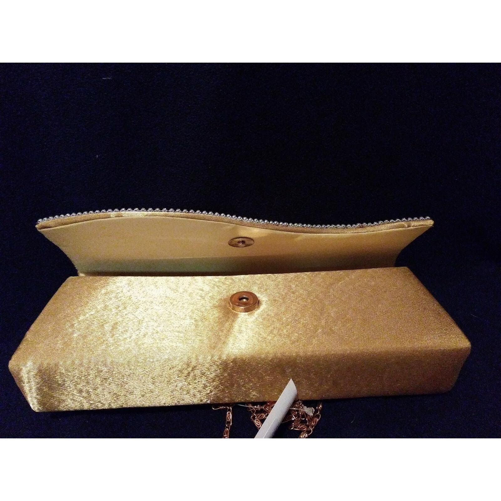 Elegant Rhinestone Accent Satin Pleated Clutch Purse Gold 10"x4" Silver Chain - Thumbnail 4