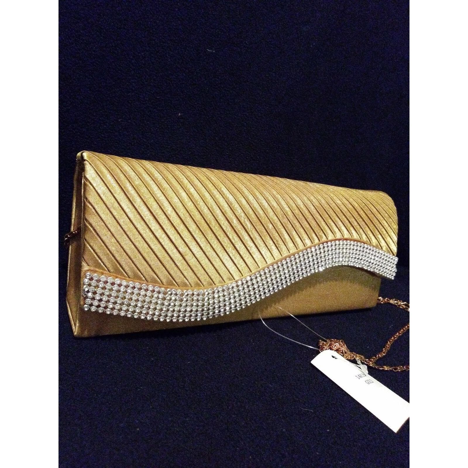 Elegant Rhinestone Accent Satin Pleated Clutch Purse Gold 10"x4" Silver Chain - Thumbnail 2