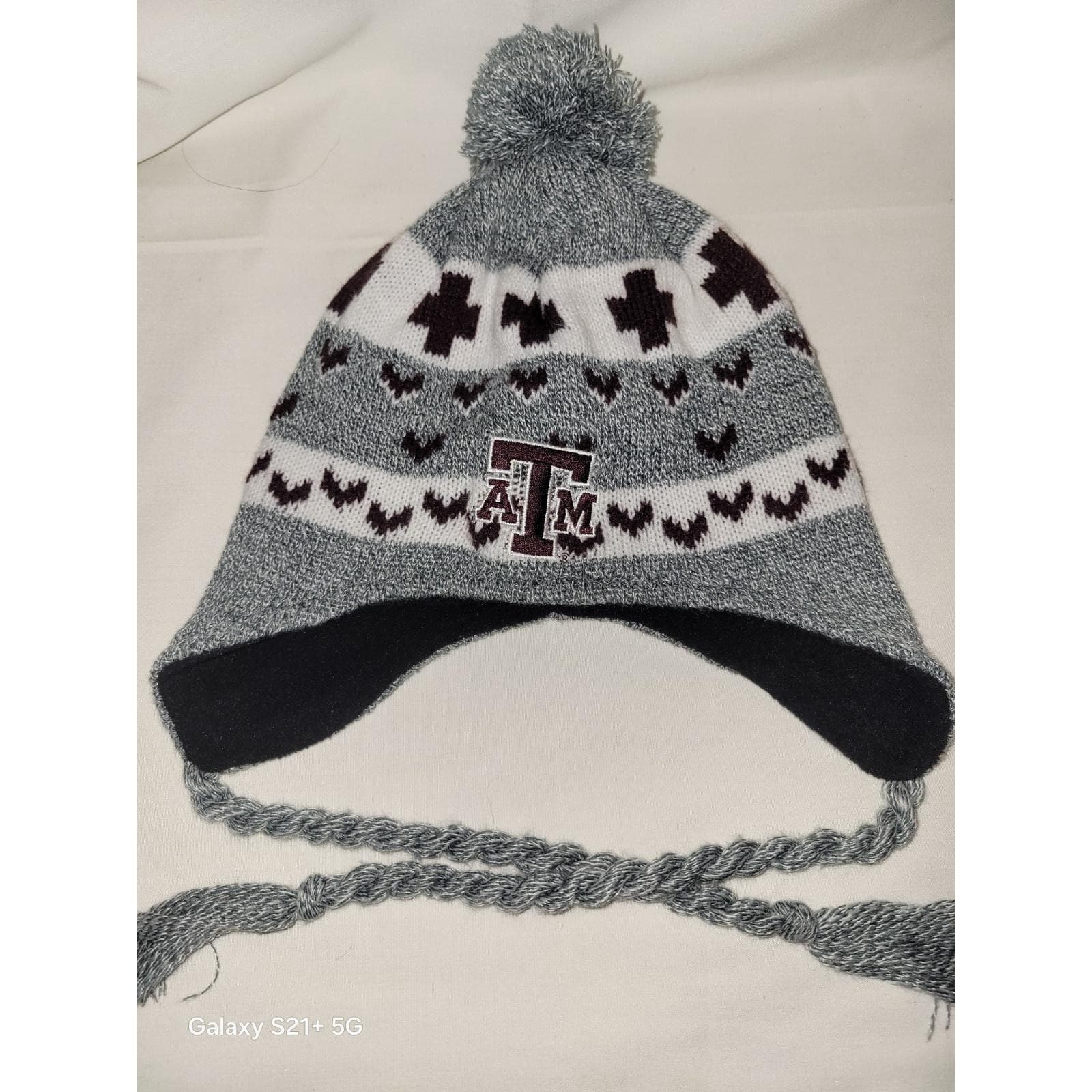 Texas A&M Knit Hat Cap By Top of the World Gray Black Aggie Maroon & White - Image 1
