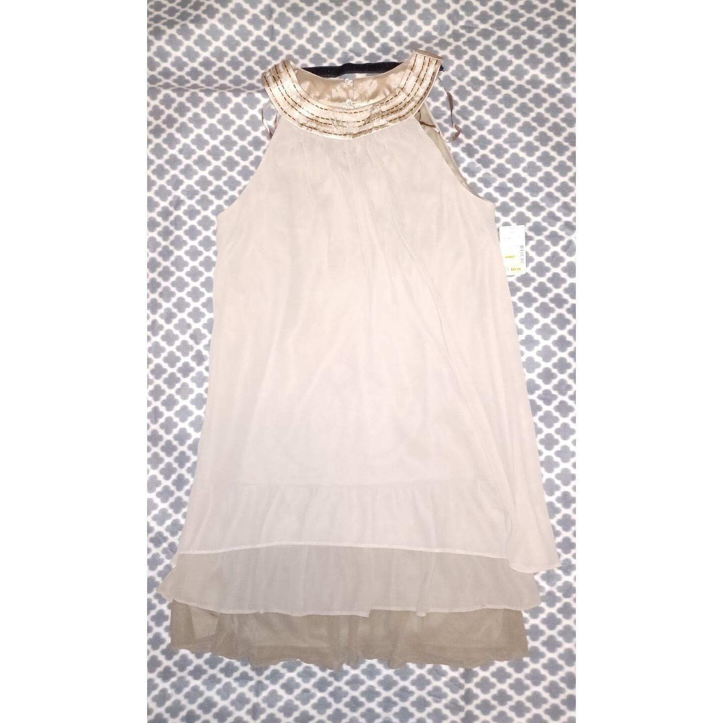 Short 3 Tiered Goddess Dress Beaded Neck Line Elegant Stone 36 3/4" L Sz 14 - Image 1
