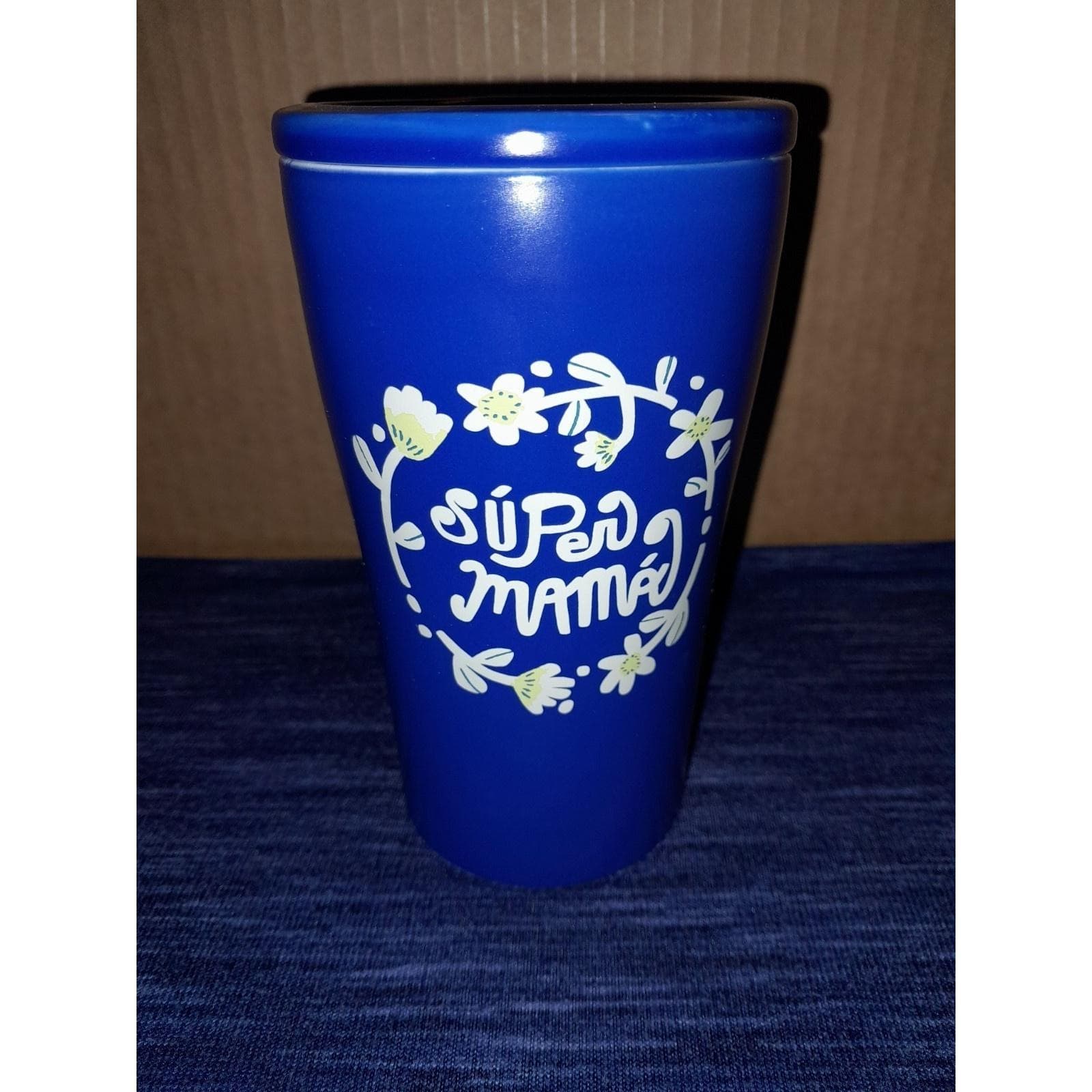 Super Mama Blue Stoneware Travel Mug Tumbler w/ Matching Lid Opalhouse - Thumbnail 2