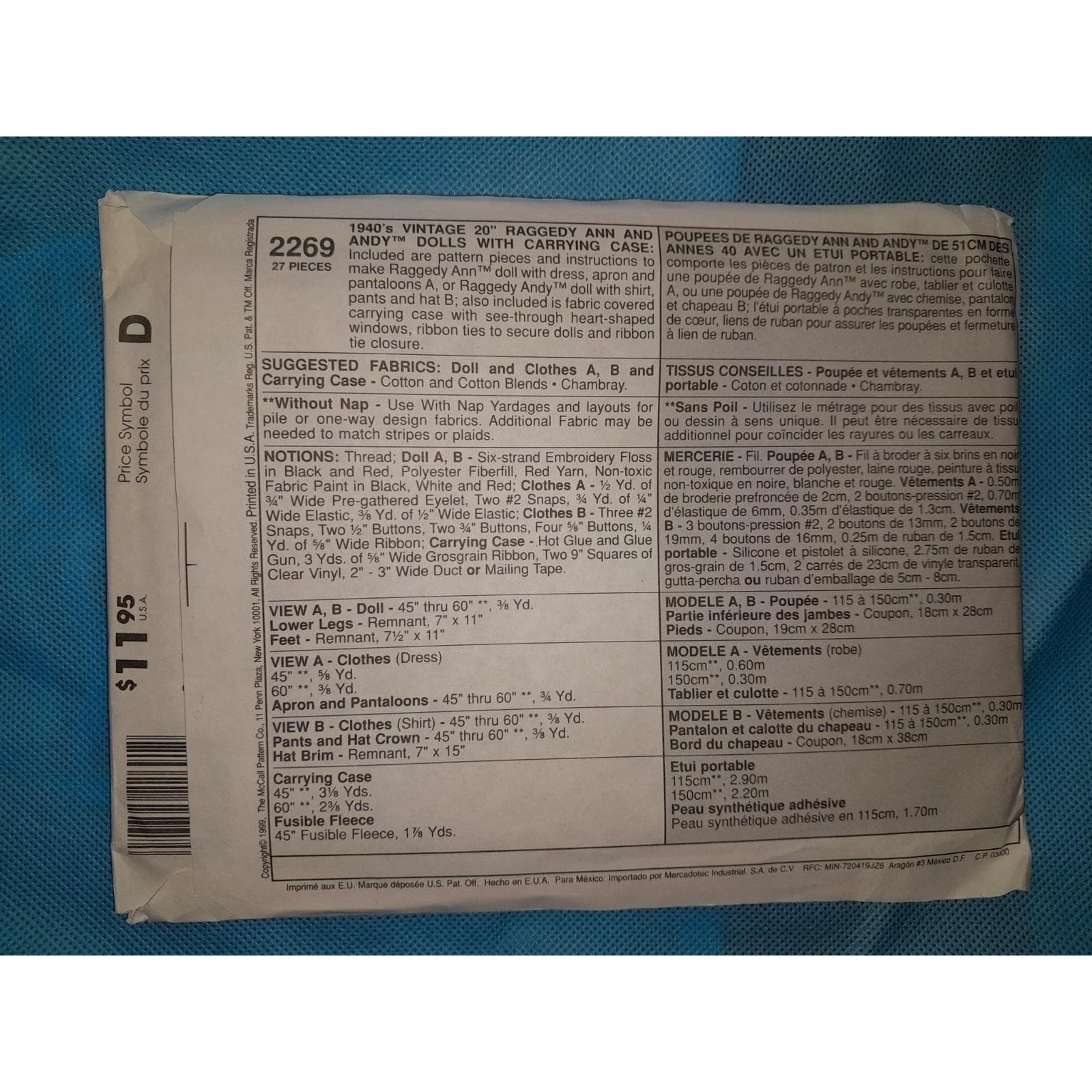 Mccalls 2269 Pattern 1940s Vtg 20" Raggedy Ann & Andy Dolls w/ Carrying Anabel - Thumbnail 2