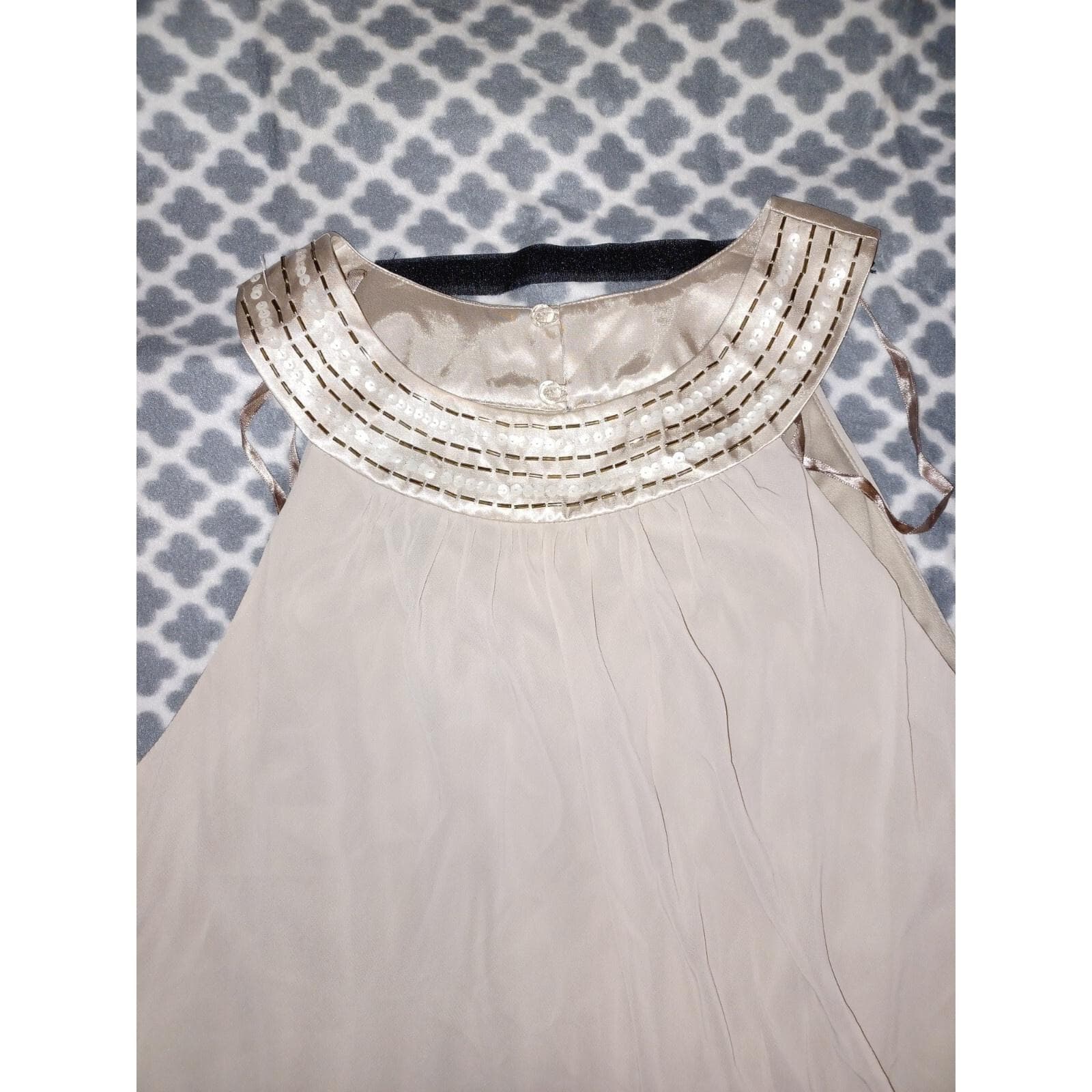 Short 3 Tiered Goddess Dress Beaded Neck Line Elegant Stone 36 3/4" L Sz 14 - Thumbnail 2