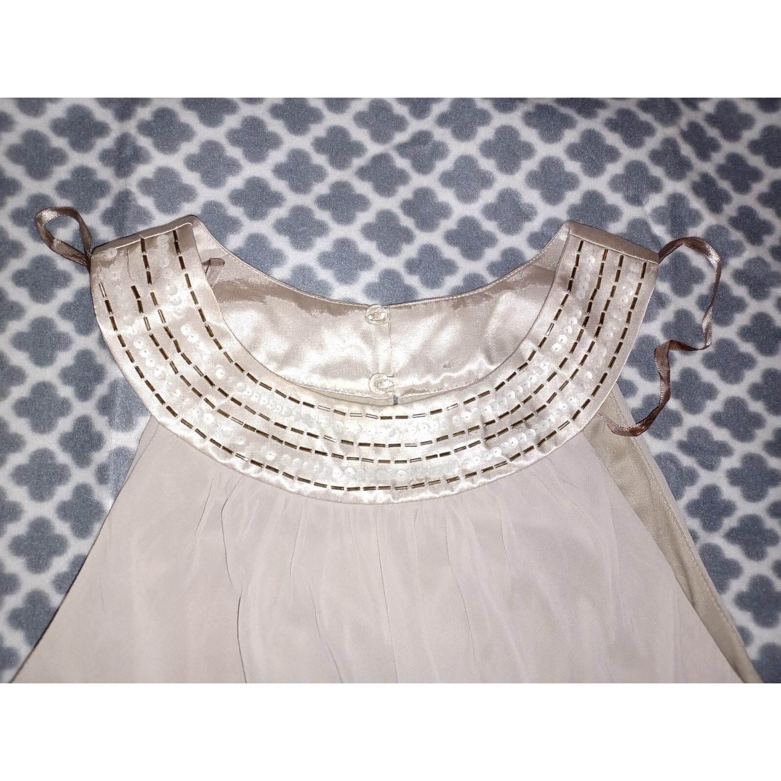Short 3 Tiered Goddess Dress Beaded Neck Line Elegant Stone 36 3/4" L Sz 14 - Thumbnail 3