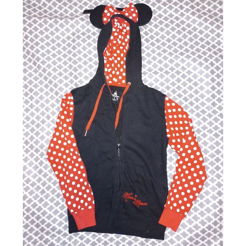 Disney Parks Minnie Mouse Hoodie Sweatshirt Small Ears Black Red White - Thumbnail 2