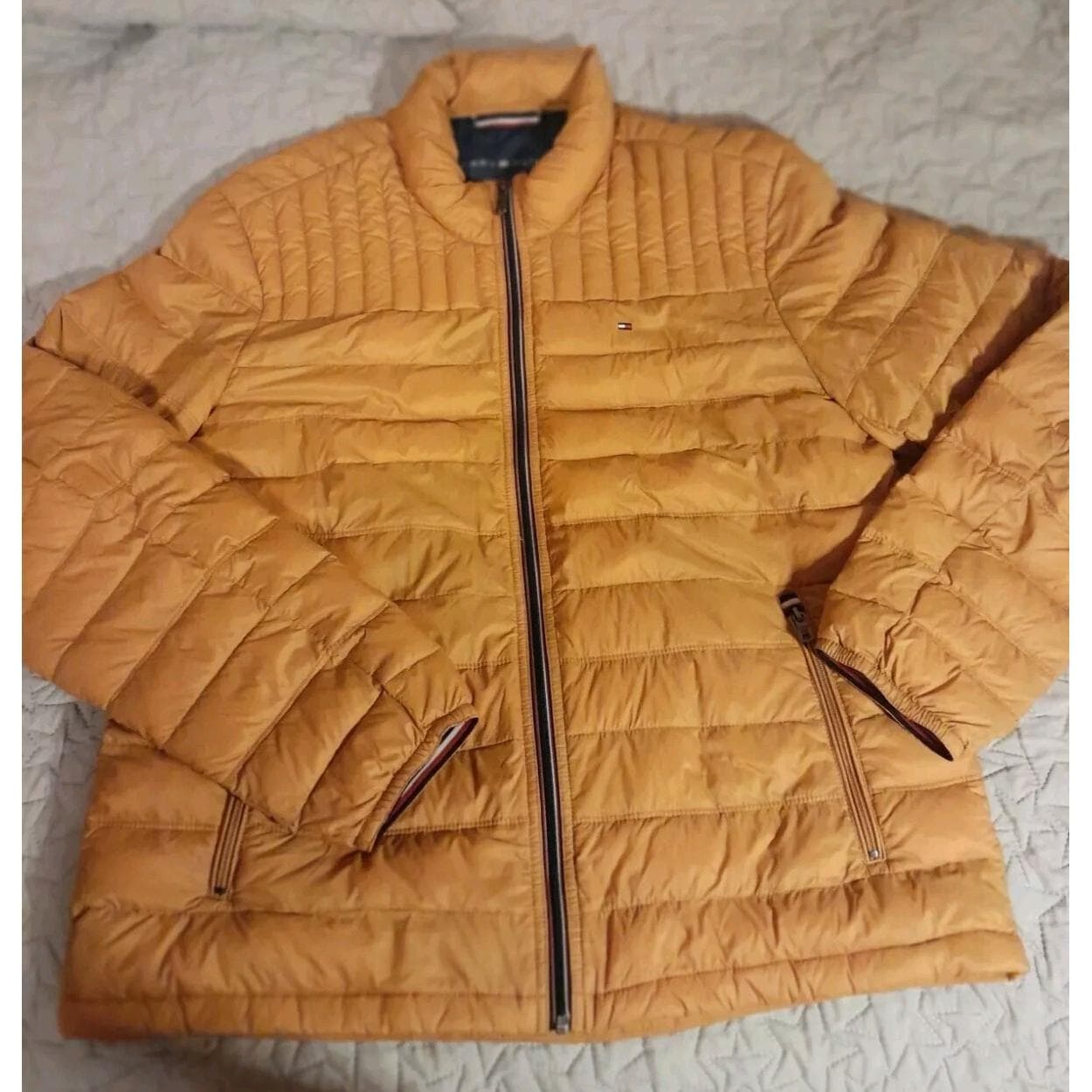 Tommy Hilfiger Women Jacket Mustard Puffer Logo Pockets Collar Sz L Natural Down - Image 1