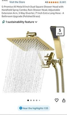 G-Promise All Metal Dual Square Shower Head Rainfall Handheld Polished Brass - Image 1