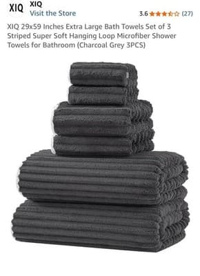 XIQ Extra Large Striped Super Soft Microfiber Bath Towels Set of 3 Charcoal Grey - Image 1