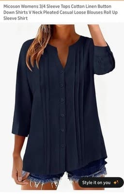 Micoson Cotton Linen Navy Blue Blouse L/XL 3/4 Sleeve V-Neck Pleated Button - Image 1
