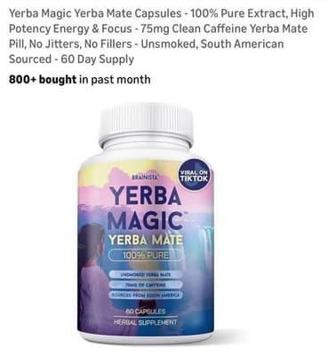 Brainista Yerba Mate Capsules 75mg Caffeine Energy Focus Unsmoked 60ct - Image 1