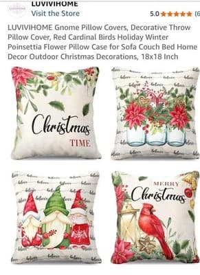 LUVIVIHOME Christmas Pillow Covers 18x18in Pack of 4 Gnome Cardinal Poinsettia - Image 1