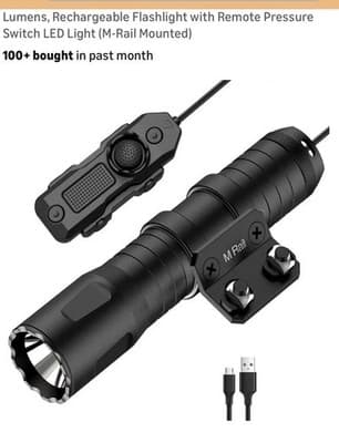 Rechargeable LED M-Rail Mounted Rifle Flashlight, Remote Pressure Switch, Black - Image 1