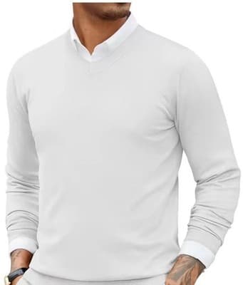 Coofandy V-Neck Ribbed Knit Slim Fit Pullover Sweater White Men XXL - Image 1