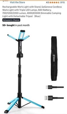 GoGonova Cordless Rechargeable Triple LED Worklight, Dimmable, Aluminum, Blue - Image 1