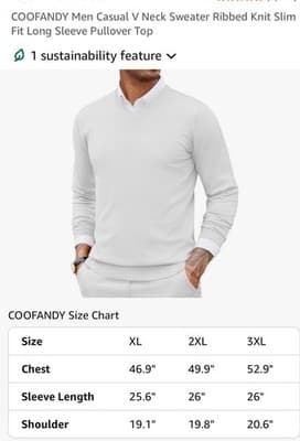 Coofandy V-Neck Ribbed Knit Slim Fit Pullover Sweater White Men XXL - Thumbnail 3