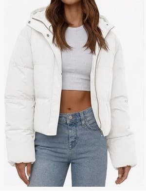 Women's White Short Hooded Puffer Jacket L Quilted Lightweight Zip Casual - Image 1