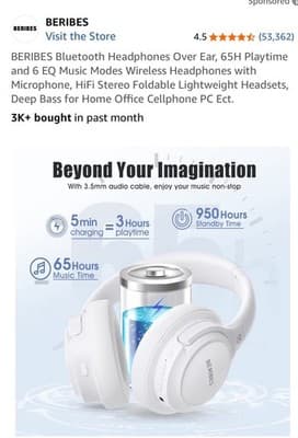 BERIBES 65H Bluetooth Over-Ear Headphones Foldable Wireless Mic White - Thumbnail 2