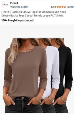 Ficerd 3 Pack Women's L 3/4 Sleeve Round Neck Loose Fit T-Shirt Brown/White/Bla… - Image 1