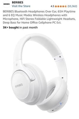 BERIBES 65H Bluetooth Over-Ear Headphones Foldable Wireless Mic White - Image 1
