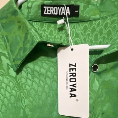 ZEROYAA Green Animal Print Men's Dress Shirt Collared Button Long Sleeve Size L - Thumbnail 2