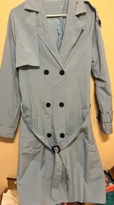 Women's Sky Blue Long Trench Coat M Double Breasted Belted Button Windproof - Thumbnail 2