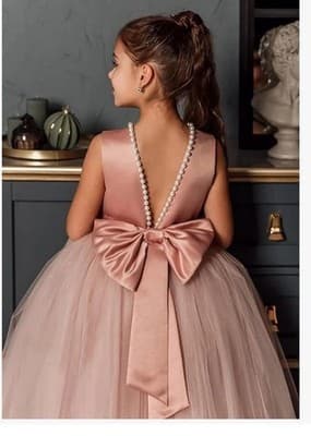 Girls Dusty Rose Ball Gown Dress Size 8 Tulle Sleeveless Pearls Bow - Image 1