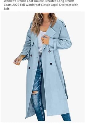 Women's Sky Blue Long Trench Coat M Double Breasted Belted Button Windproof - Image 1