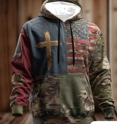ouku American Flag Camo Pullover Fleece Hoodie – Green/Blue/Red – Size M - Image 1