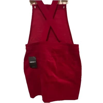 FOREVER 21 Red Corduroy Overall Skirt with Button Accents & Pockets, Size S - Thumbnail 2