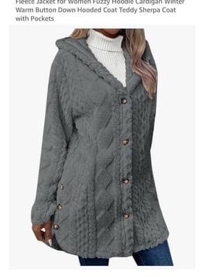 Women's Gray Mid-Length Hooded Sherpa Cardigan Jacket Plus 3XL Button - Image 1