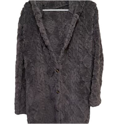 Women's Gray Mid-Length Hooded Sherpa Cardigan Jacket Plus 3XL Button - Thumbnail 2