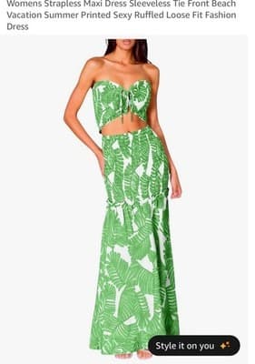 Generic Strapless Maxi Dress S Green White Leaf Print Tie Front Ruffle - Image 1