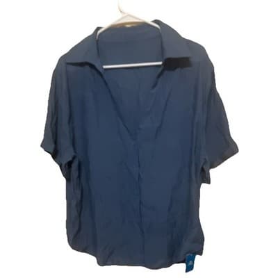 CUPSHE Button Front Collared V-Neck Cover-Up Top Blue Lightweight Rayon L - Thumbnail 2