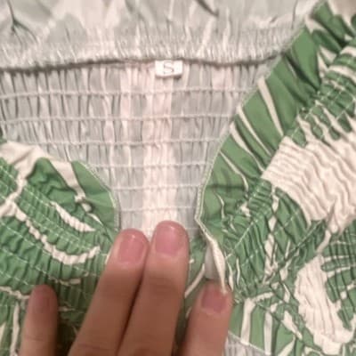 Generic Strapless Maxi Dress S Green White Leaf Print Tie Front Ruffle - Thumbnail 2