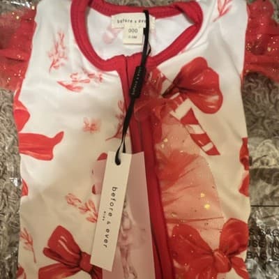 before & ever Baby One-Piece Coverall 0-3M Red/White Bow Zip Long Sleeve Mesh - Thumbnail 2