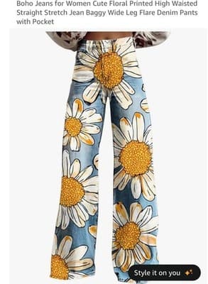 Women's Boho Floral Print High Rise Wide Leg Flared Denim Jeans - Image 1