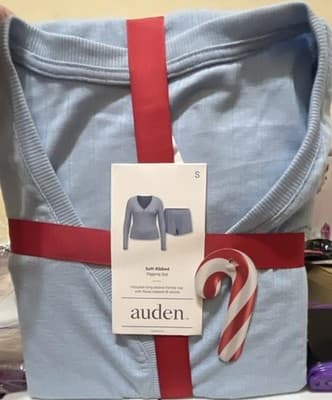 auden Ribbed Pajama Set Light Blue Women's S Henley Long Sleeve Top & Shorts - Image 1