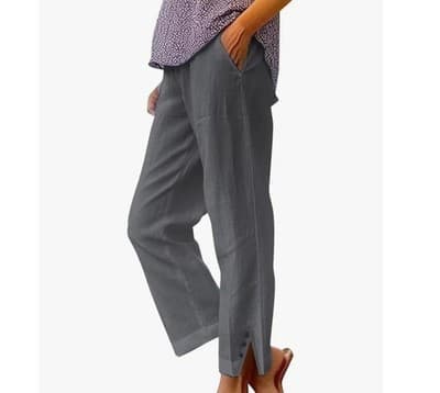 Generic Women's Cotton Linen Wide Leg Pants Gray Button Split Bottom Pockets - Image 1
