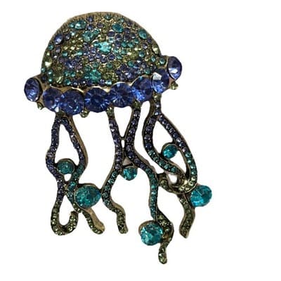Blue & Green Rhinestone Jellyfish Brooch Pin Sea Life Round Stones Metal - Image 1