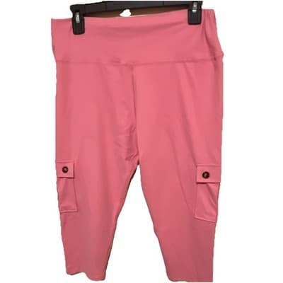 Women's Pink Solid Capri Cargo Leggings w/ Pockets Stretch XL Polyester Blend - Thumbnail 3