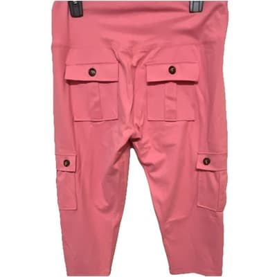 Women's Pink Solid Capri Cargo Leggings w/ Pockets Stretch XL Polyester Blend - Thumbnail 4