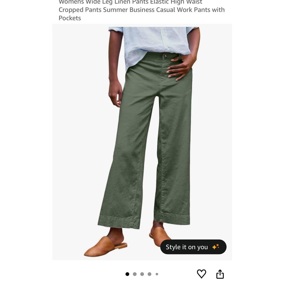 Generic Women's Wide Leg Linen Cropped Pants Green Elastic Waist Pockets - Image 1