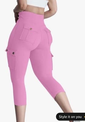Women's Pink Solid Capri Cargo Leggings w/ Pockets Stretch XL Polyester Blend - Image 1