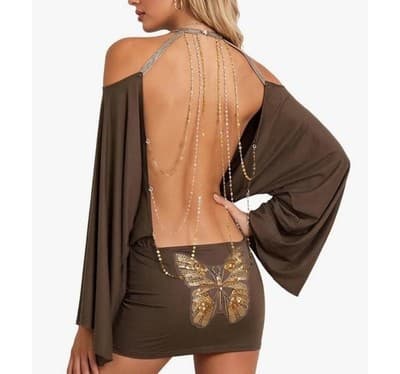 Brown Backless Mini Dress S Butterfly Sequin Bell Sleeve Halter Bodycon - Image 1