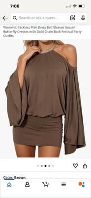 Brown Backless Mini Dress S Butterfly Sequin Bell Sleeve Halter Bodycon - Thumbnail 3