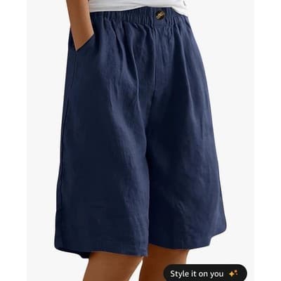 Dark Blue Bermuda Shorts Women M Cotton Blend Elastic Waist Wide Leg Pockets