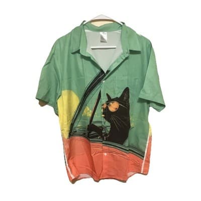 Men's Cat Graphic Button-Up Shirt Green Orange Yellow Black Polyester M