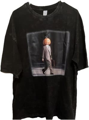 Black Pumpkin Head Halloween Graphic Print Men's L Cotton Crew Neck Short Sleeve