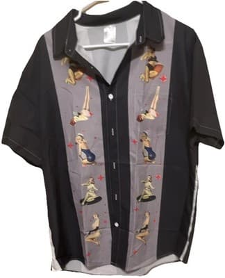 Men's Retro Pin-Up Graphic Print Button-Up Shirt Black Gray Polyester L